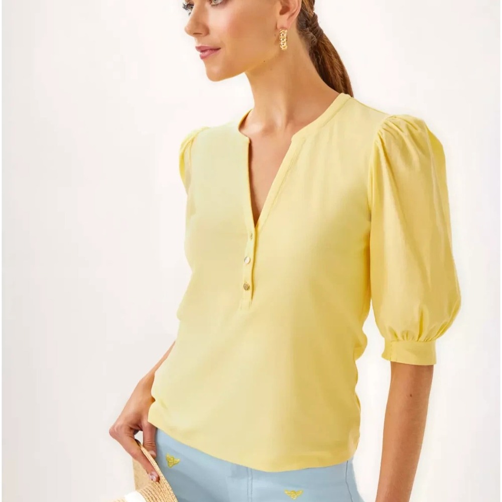 Lilly Pulitzer Ronson Split V-Neck Puff Sleeve Top Sz Medium Butter Yellow